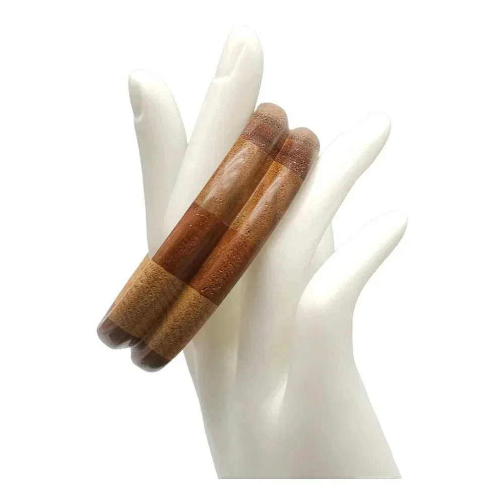 Multitone Carved Wooden Wide Bangle Bracelet Mid Century Modern